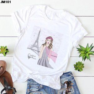 Fashion Girl Print Pink Top Woman T-shirt Summer Casual Women&#39;s Short-sleeve